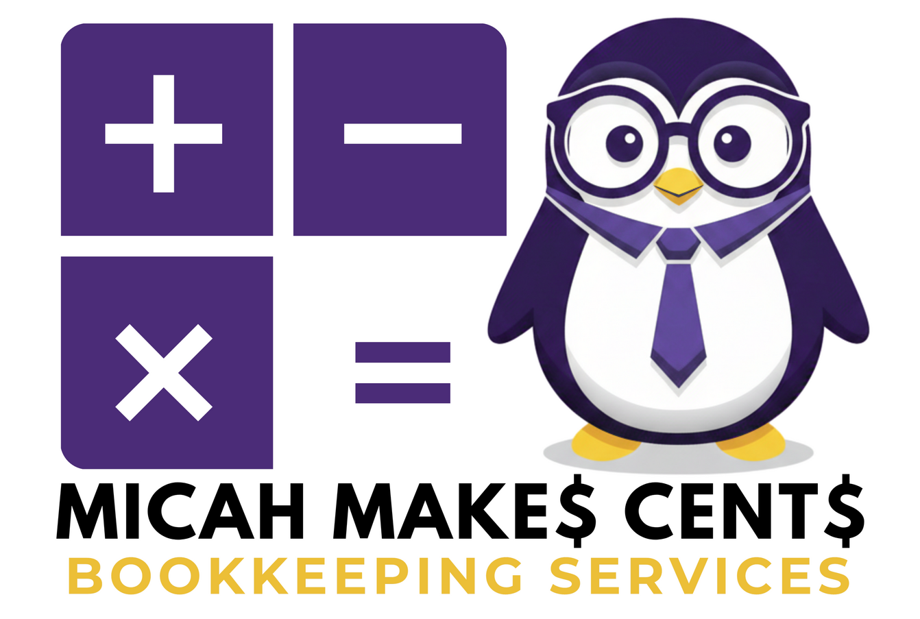 Micah Makes Cent$ Penguin Logo Penguin with glasses and tie standing next to a logo of addition, subtraction and multiplication above the words Micah Make$ Cent$ Bookkeepin Services.