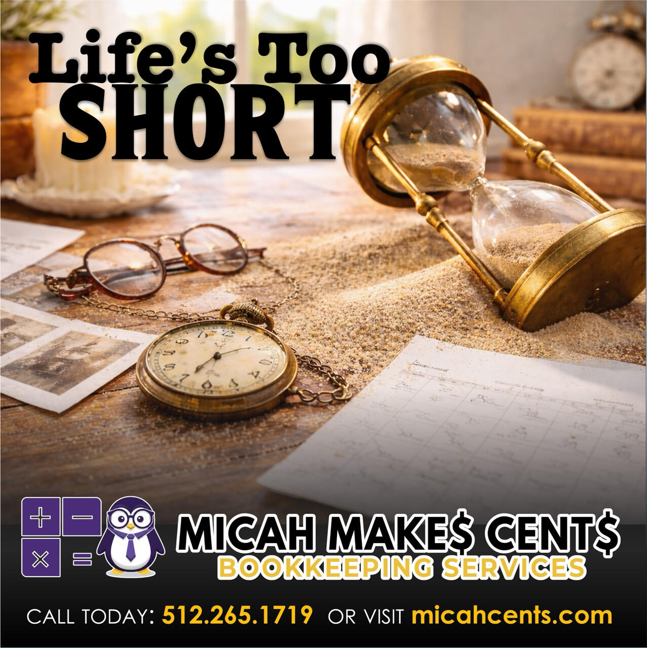 Micah Makes Cent$ Penguin Logo Penguin with glasses and tie standing next to a logo of addition, subtraction and multiplication above the words Micah Make$ Cent$ Bookkeepin Services.